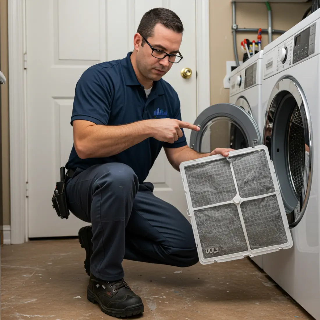 Technician pointing at a clogged lint filter while educating homeowners about dryer vent maintenance