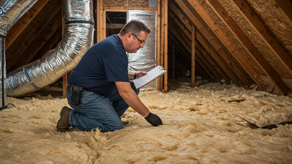 technician conducting an attic insulation assessment with clipboard in hand