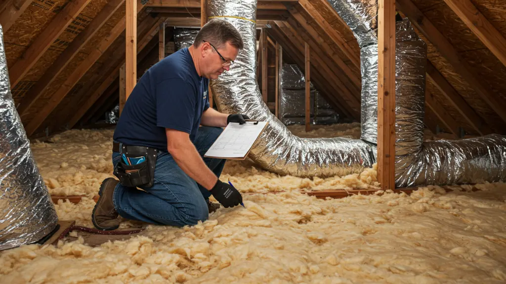 professional evaluating attic insulation with clipboard for accurate assessment