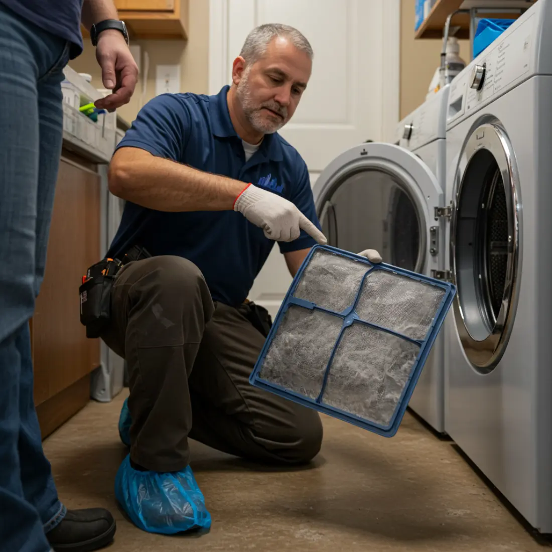 Technician pointing to a lint-clogged dryer vent filter as part of a safety inspection