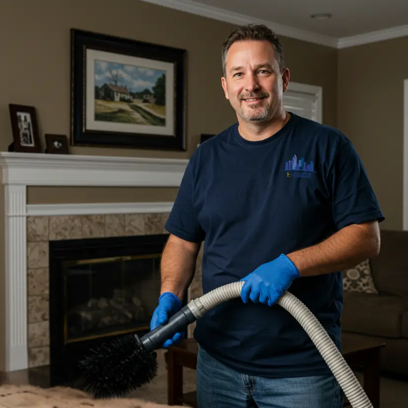 HVAC technician holding air duct cleaning tools in a modern bathroom with a glass shower enclosure and tiled walls.