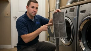 Technician holding a dryer lint filter, showcasing its condition.