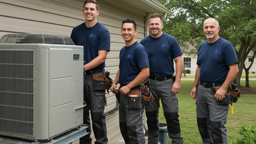 Four technicians standing next to an outdoor AC unit during an inspection.