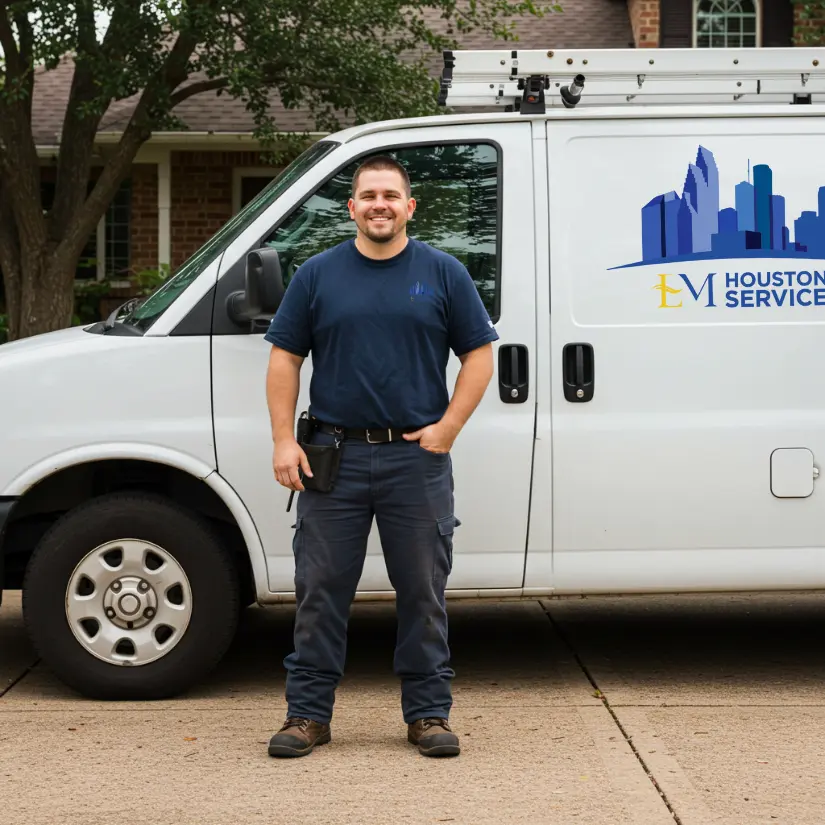 HVAC technician standing in front of a Houston Service tool truck equipped for residential HVAC services.