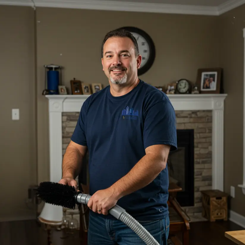 Smiling HVAC technician holding air duct cleaning equipment in a living room with a fireplace in the background.