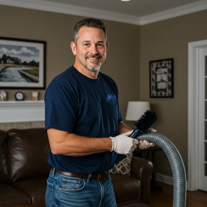 Smiling air duct technician holding a cleaning brush and flexible hose, wearing gloves in a neatly furnished living room.