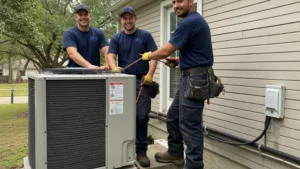 Three HVAC technicians repairing an outdoor air conditioning unit.