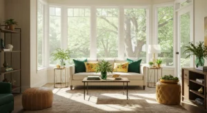 Bright and airy living room with large bay windows, lush greenery outside, and a cozy modern interior featuring neutral tones, green accents, and natural light.